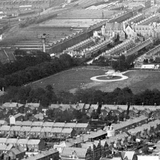 Historic image: Aerial view of GWR Park showing the old bandstand