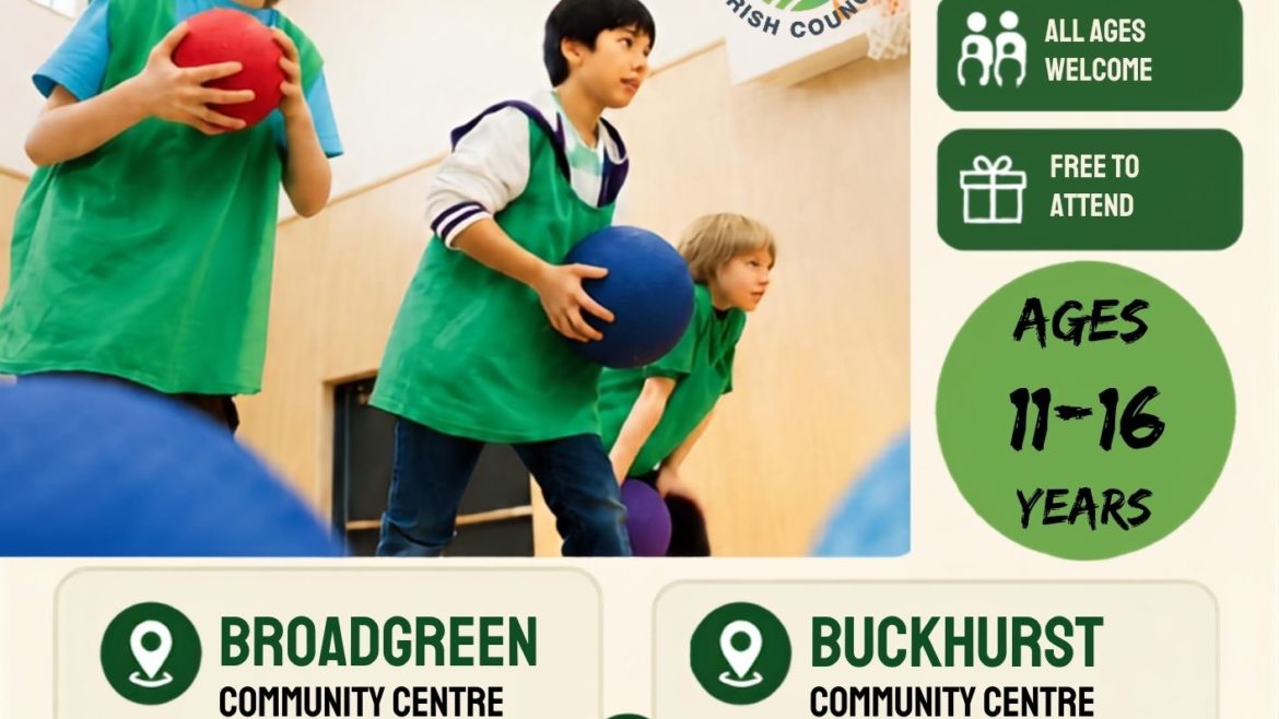 Dodgeball poster advertising free weekly sessions for ages 11–16 at Broadgreen and Buckhurst Community Centres in South Swindon. The poster features children playing dodgeball and includes session times, accessibility information and venue details.