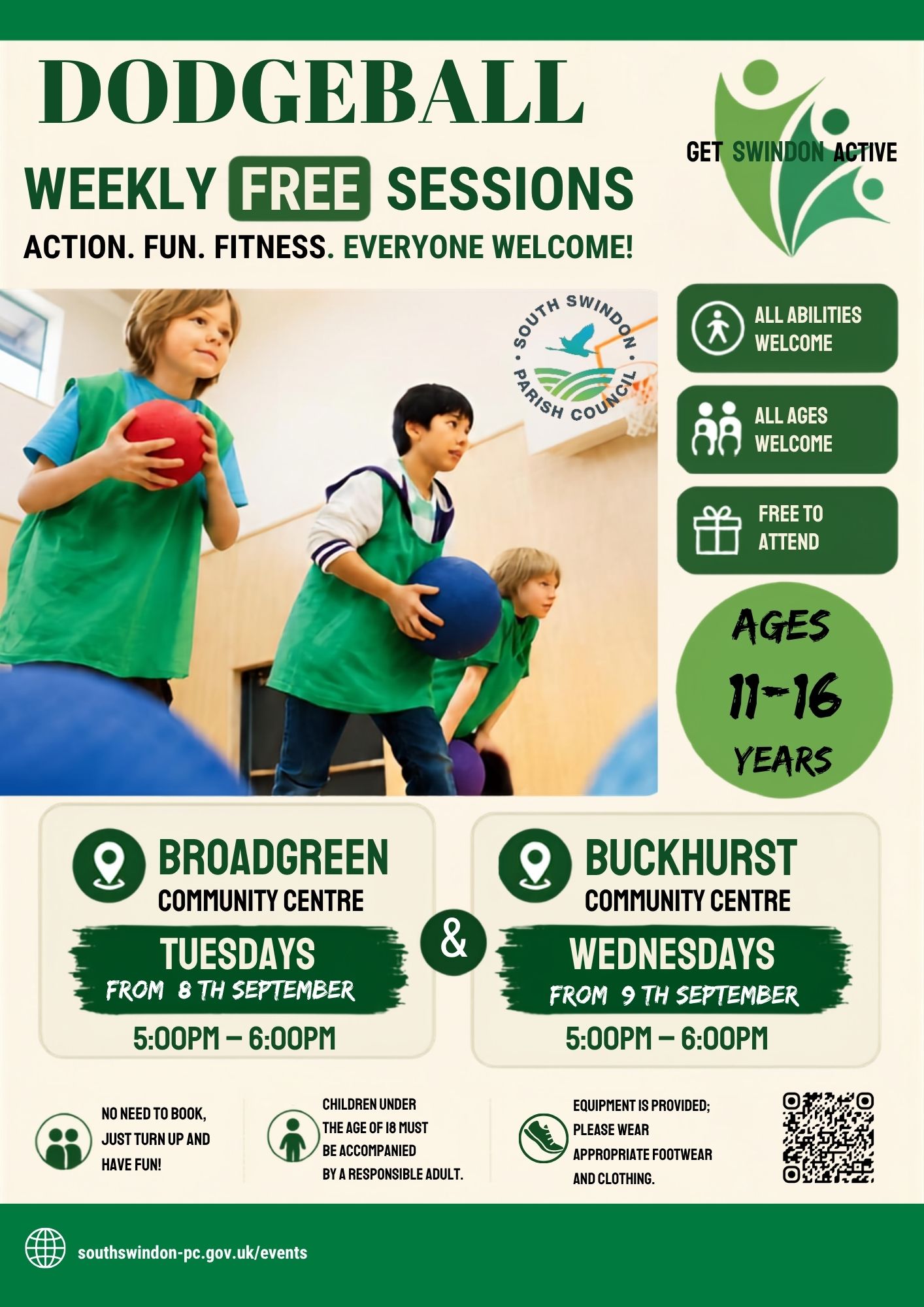 Dodgeball poster advertising free weekly sessions for ages 11–16 at Broadgreen and Buckhurst Community Centres in South Swindon. The poster features children playing dodgeball and includes session times, accessibility information and venue details.